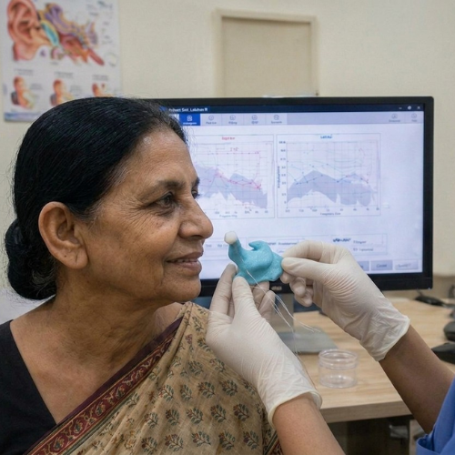 Audiologist programming a hearing aid